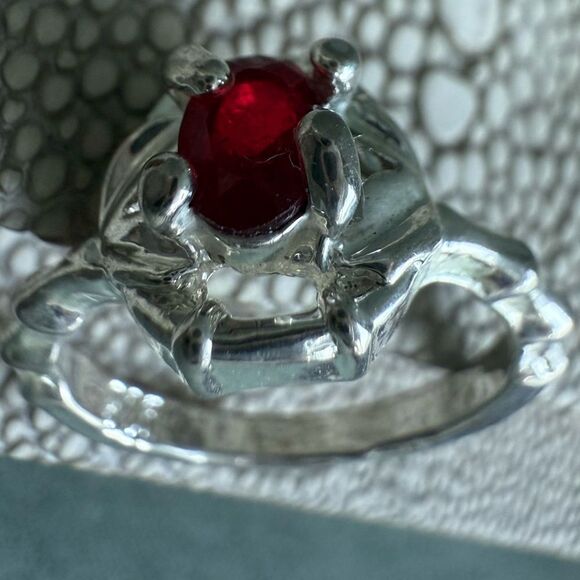 Silver Tone Ring with Bright Red Center Stone & Unique Textured Band - Picture 6 of 16